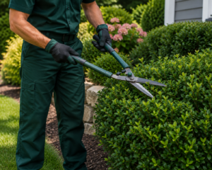 Man in a green uniform pruning shrubs